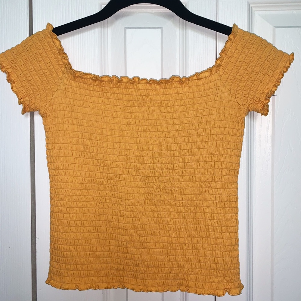 HOLLISTER ruched off the shoulder top yellow